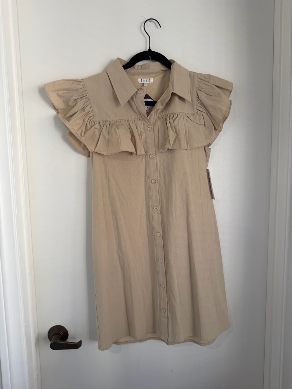 TCEC Beige Ruffle-Shoulder Button Front Mini Dress